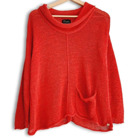PURE HANDKNIT | Linen Blend Oversized Fine Knit Semi-sheer Sweater Top Red Sz XS - Picture 1 of 15